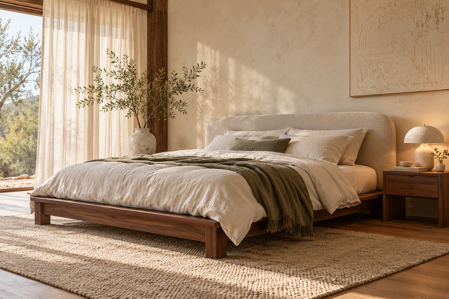 A quiet walnut bedroom with soft linen bedding